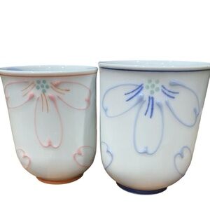 Japanese Arita Yunomi Cylindrical Handless Floral Blue /Pink Ceramic Tea Cup Set